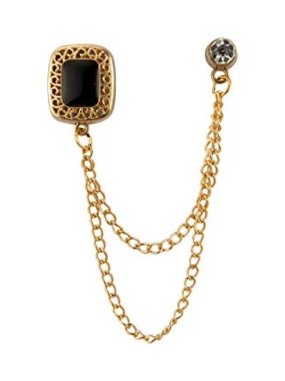Square Black Stone with Gold Engraving Hanging Chain Stone Detaling Brooch Lapel